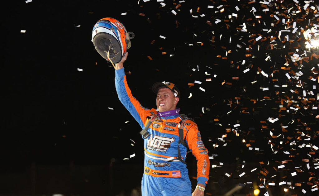 Nick Hoffman celebrates his win at Stateline Speedway